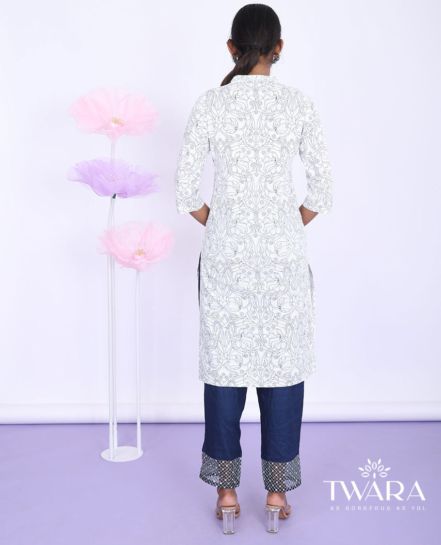 Twara cream floral vine printed Chinese collar with 3/4th sleeve cotton straight-cut below-knee kurti