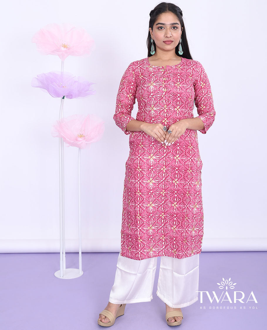 Twara pink batik-style intricately printed round neck with 3/4th sleeve cotton straight-cut below-knee kurti