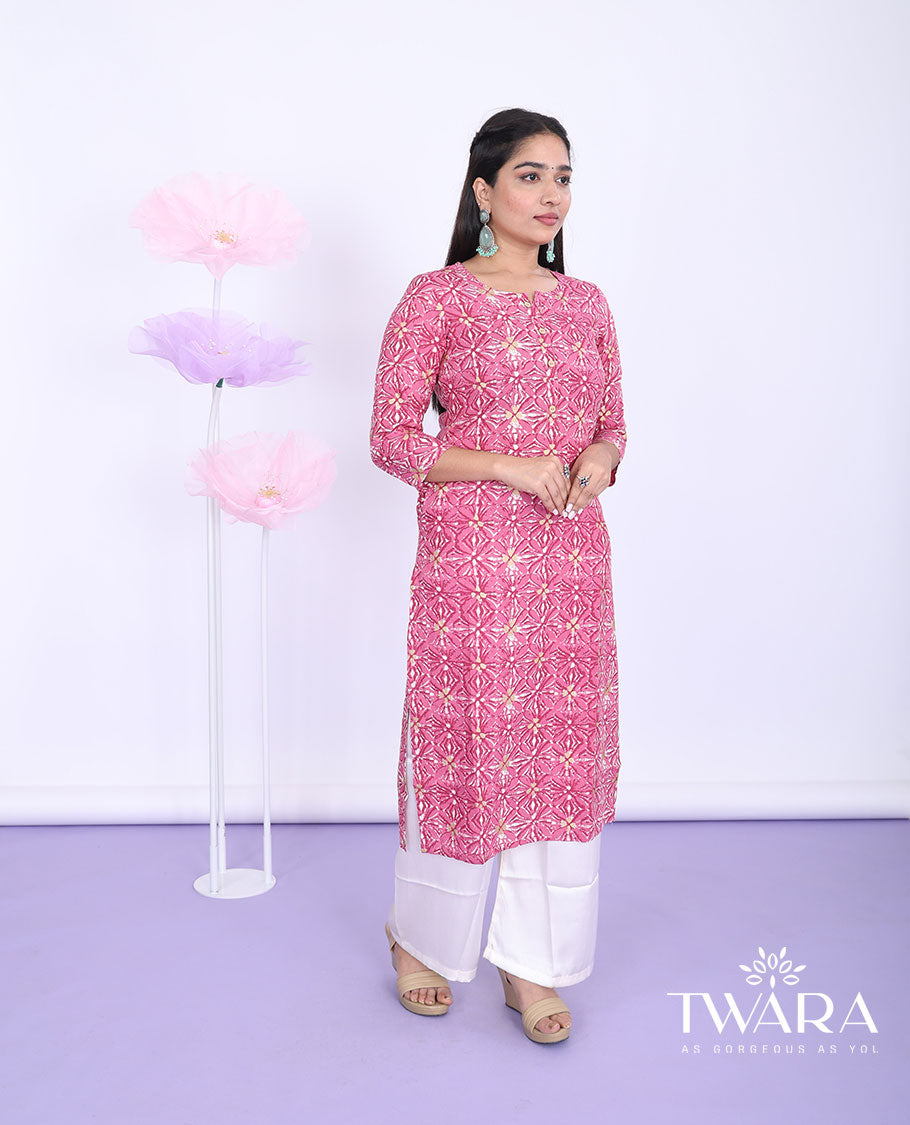 Twara pink batik-style intricately printed round neck with 3/4th sleeve cotton straight-cut below-knee kurti