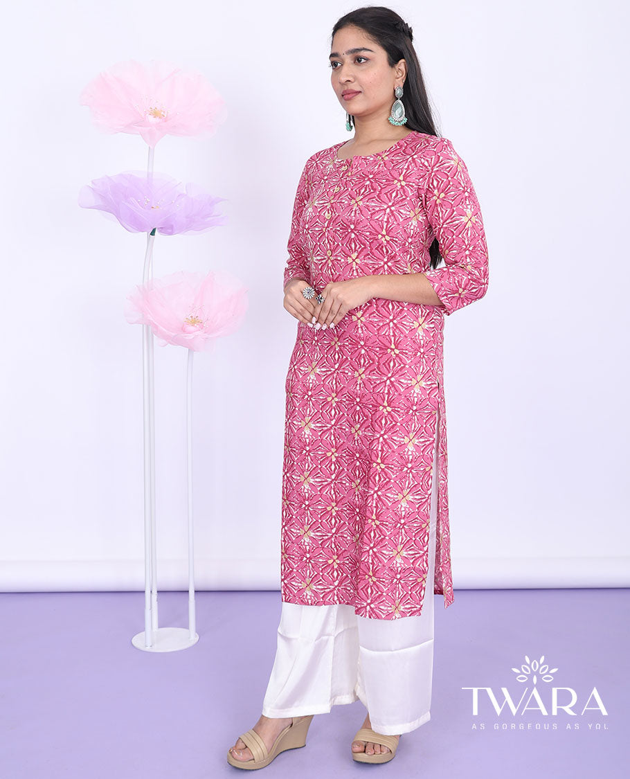 Twara pink batik-style intricately printed round neck with 3/4th sleeve cotton straight-cut below-knee kurti
