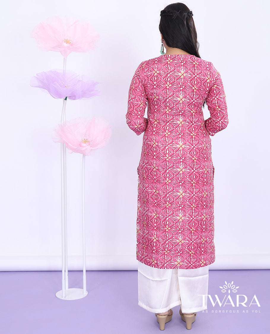 Twara pink batik-style intricately printed round neck with 3/4th sleeve cotton straight-cut below-knee kurti
