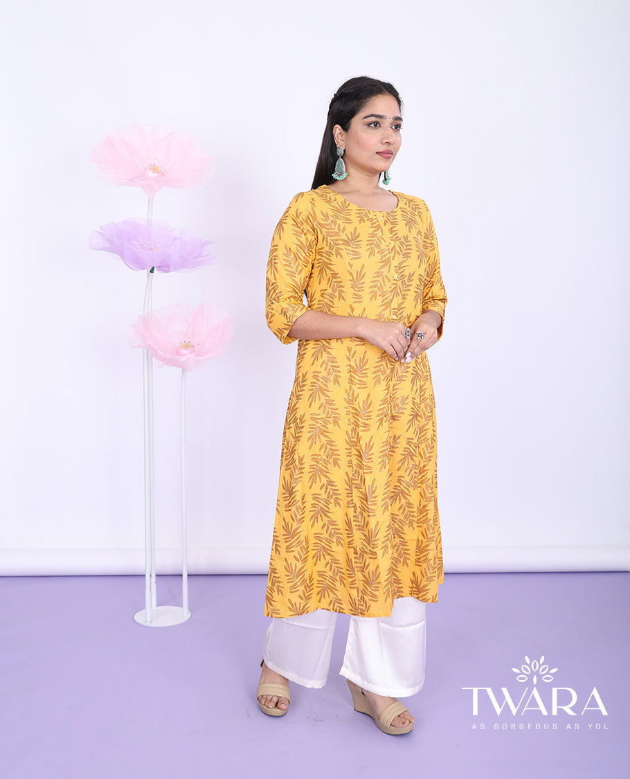 Twara orange leaf vine printed round neck with 3/4th sleeve cotton a-line below-knee kurti
