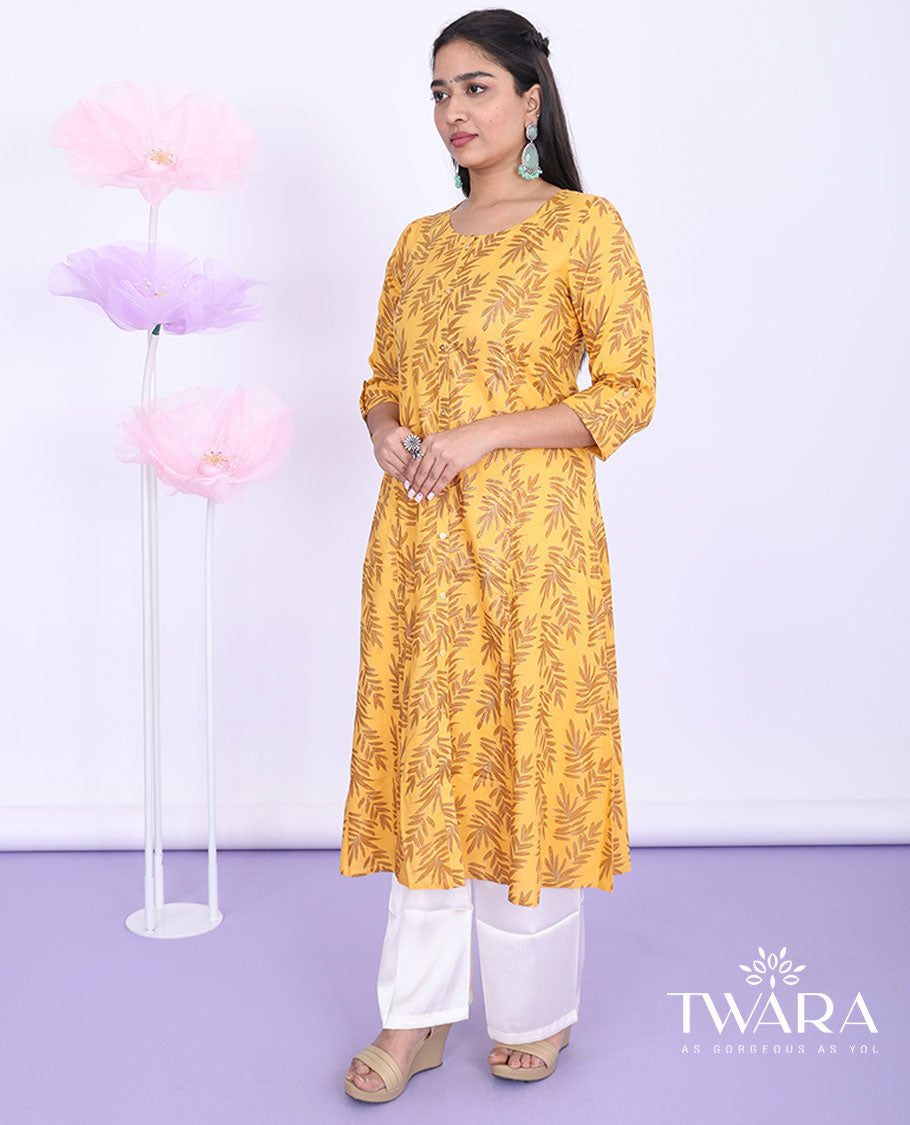 Twara orange leaf vine printed round neck with 3/4th sleeve cotton a-line below-knee kurti