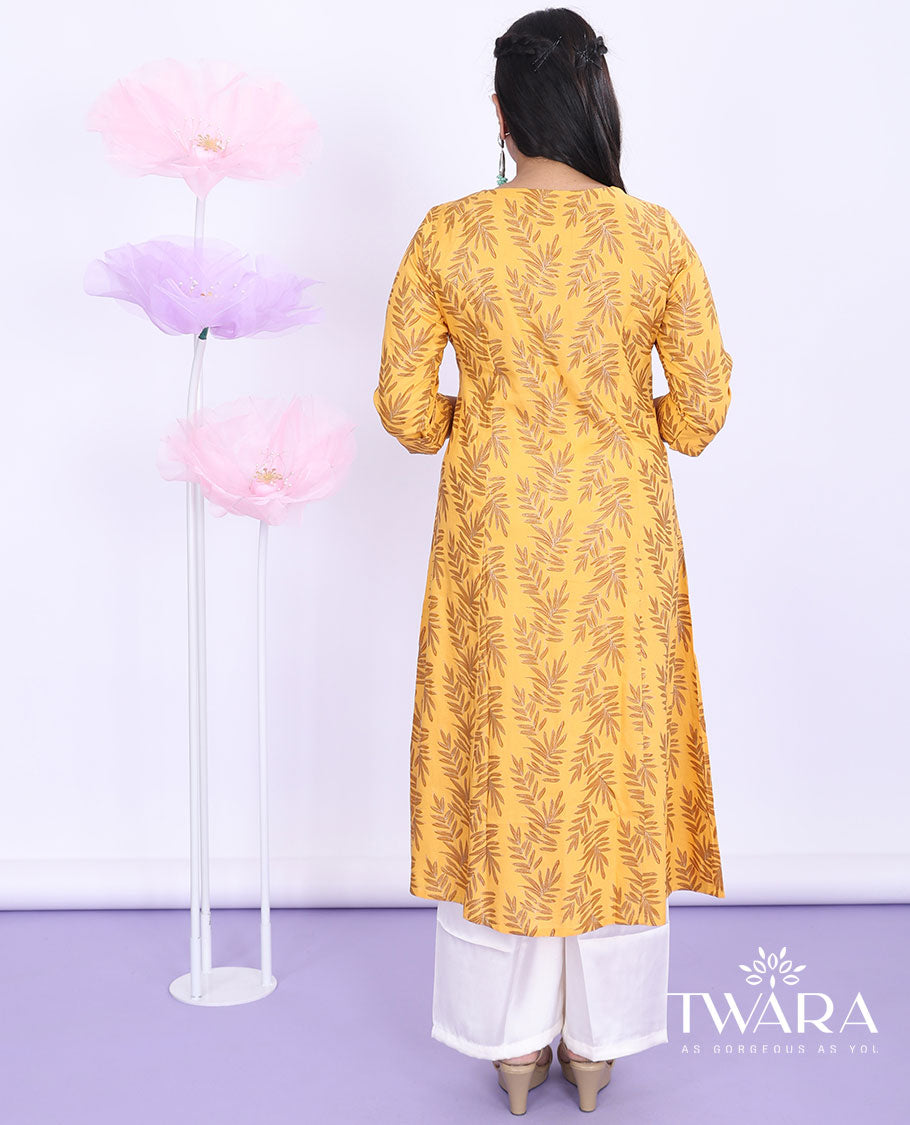 Twara orange leaf vine printed round neck with 3/4th sleeve cotton a-line below-knee kurti