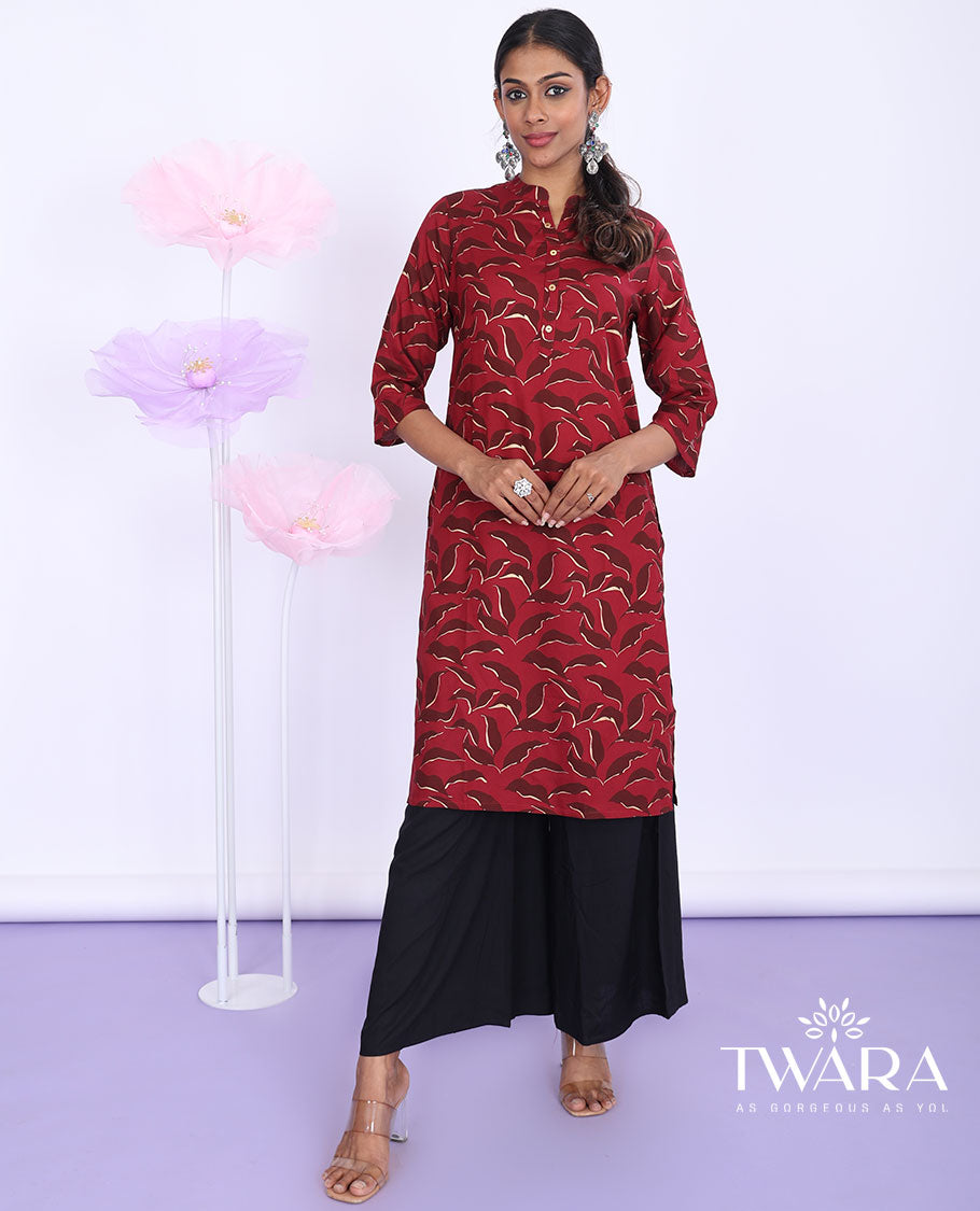 Twara red uniquely printed Chinese collar with 3/4th sleeve rayon straight-cut below-knee kurti