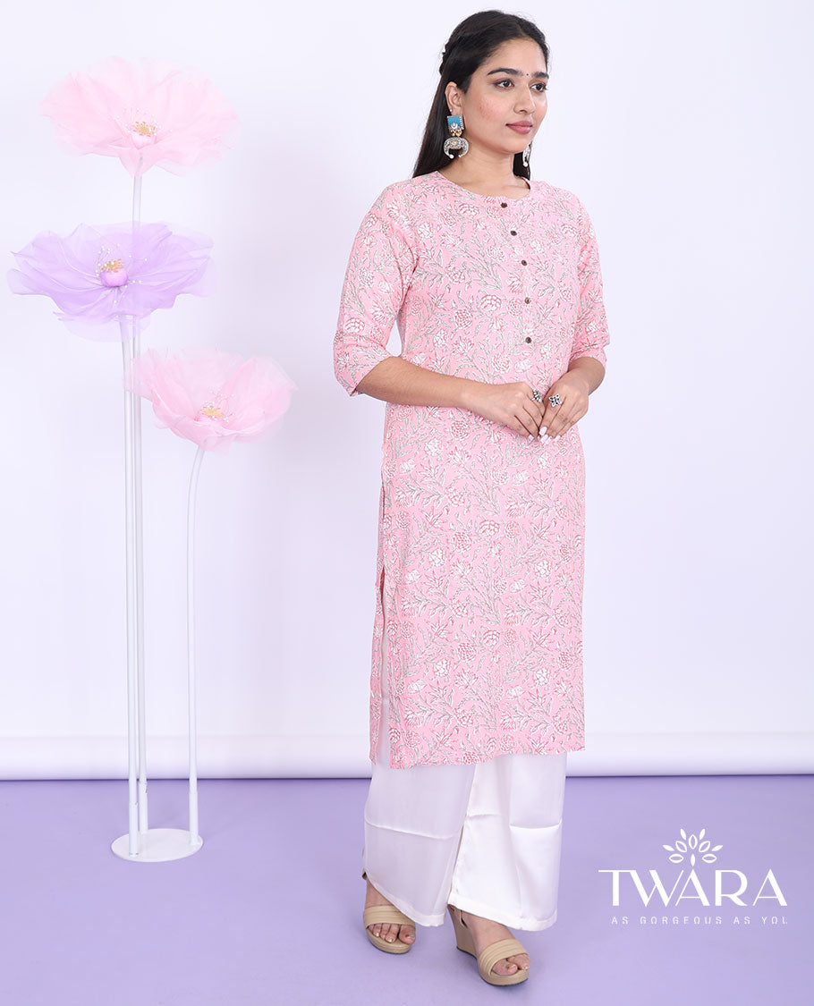 Twara pink floral vine printed round neck with 3/4th sleeve rayon straight-cut below-knee kurti