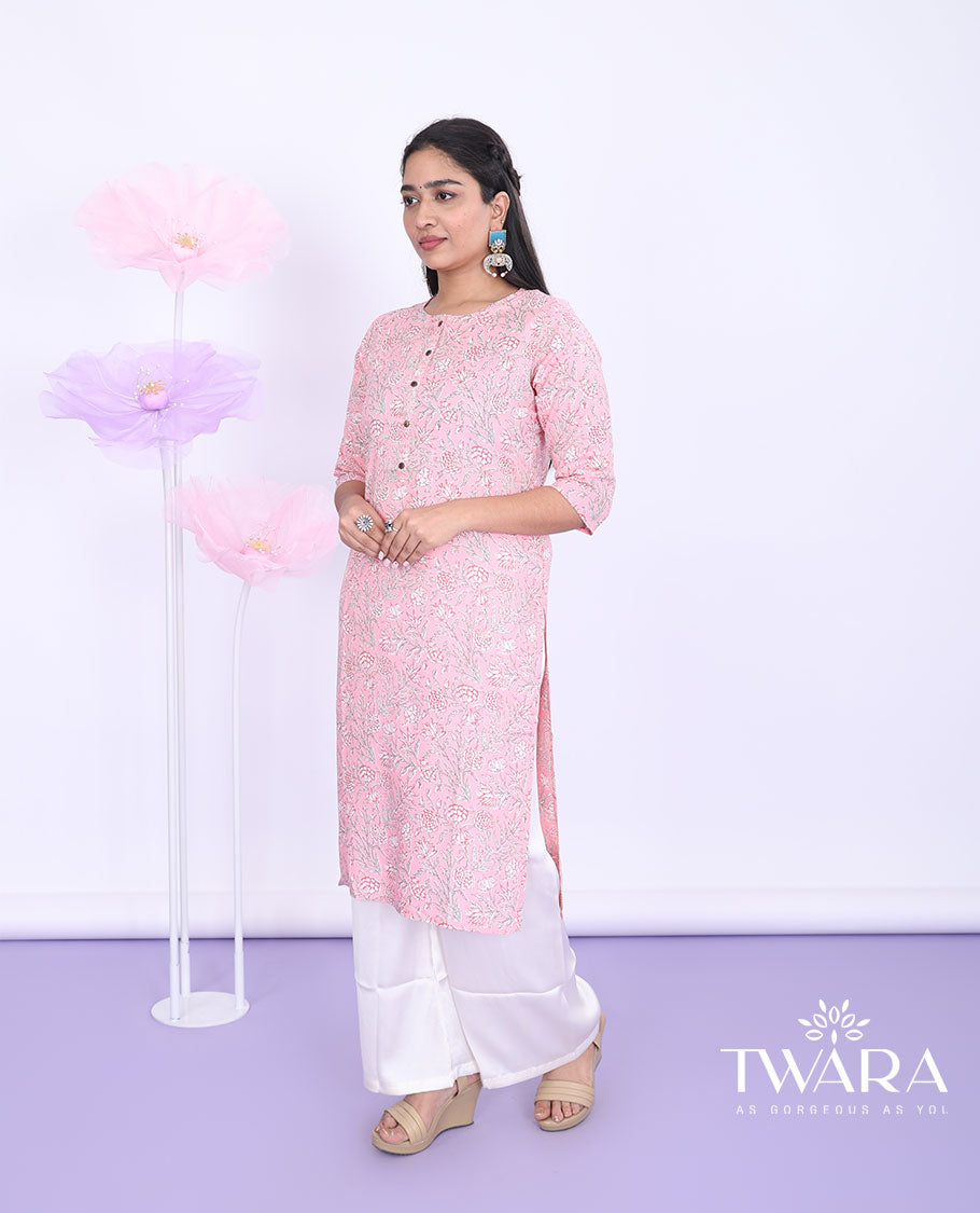 Twara pink floral vine printed round neck with 3/4th sleeve rayon straight-cut below-knee kurti