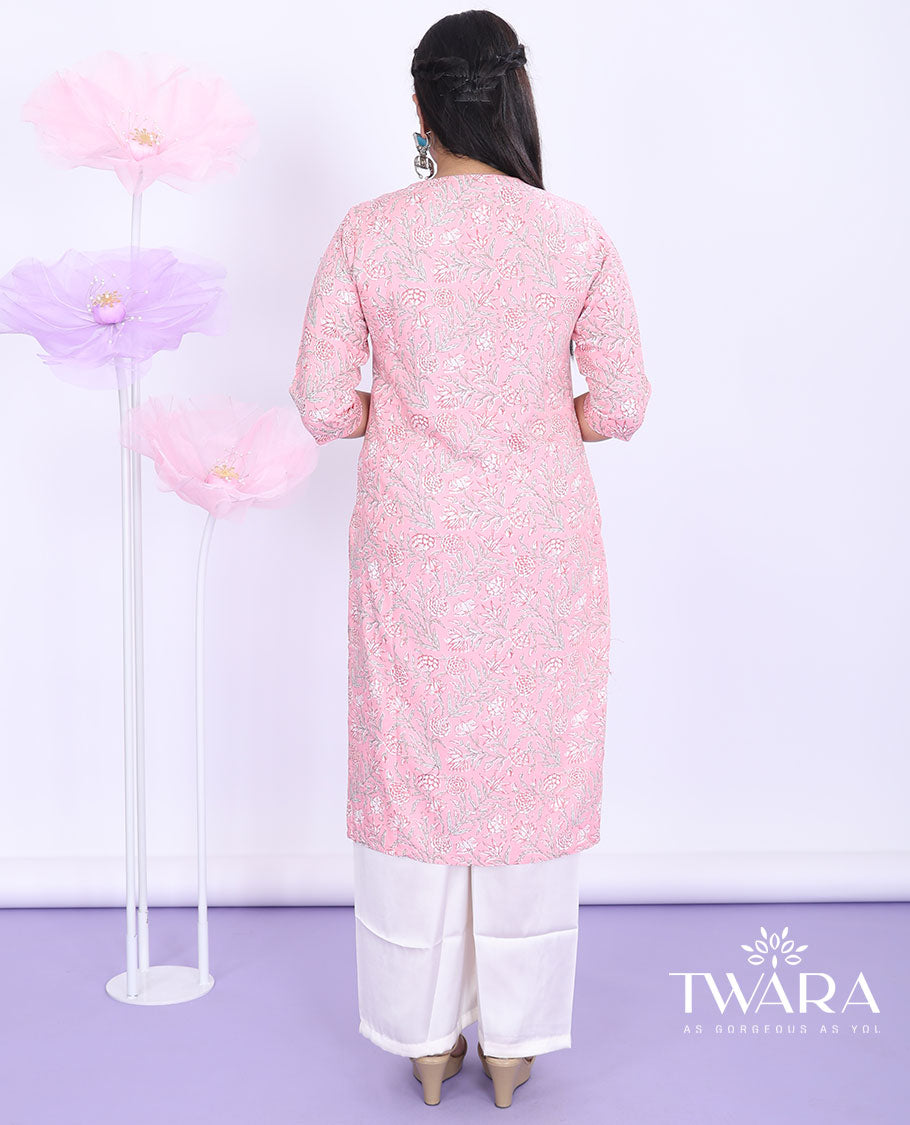 Twara pink floral vine printed round neck with 3/4th sleeve rayon straight-cut below-knee kurti