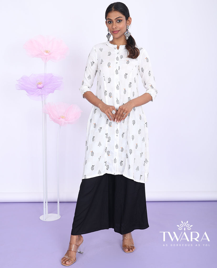 Twara white floral motifs printed chinese collar with 3/4th sleeve rayon straight-cut knee-length kurti