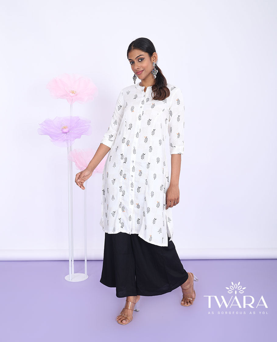 Twara white floral motifs printed chinese collar with 3/4th sleeve rayon straight-cut knee-length kurti