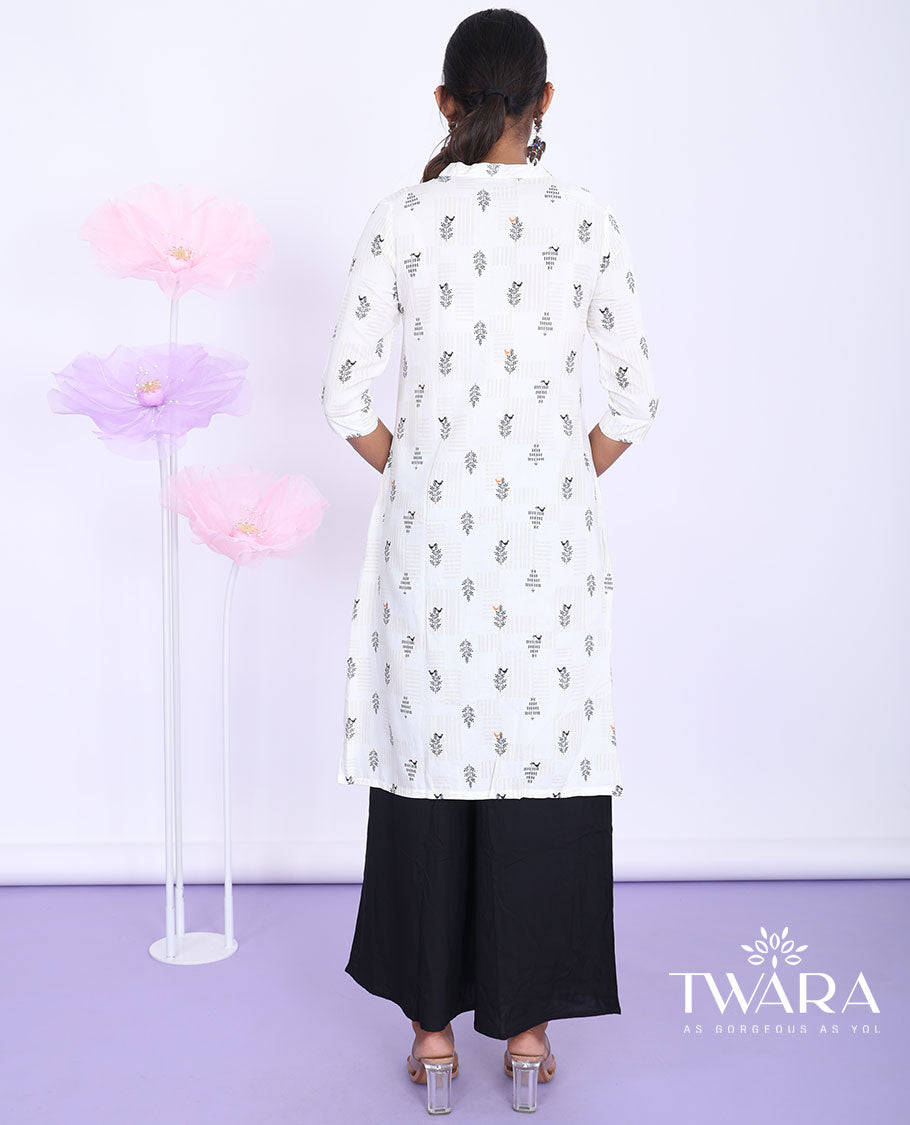 Twara white floral motifs printed chinese collar with 3/4th sleeve rayon straight-cut knee-length kurti