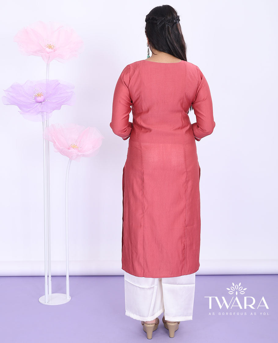 Twara pink embroidered V-neck with 3/4th sleeve muslin straight-cut below-knee kurti