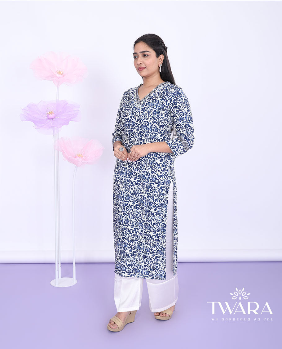 Twara blue batik-style floral printed V-neck with 3/4th sleeve cotton straight-cut below-knee kurti