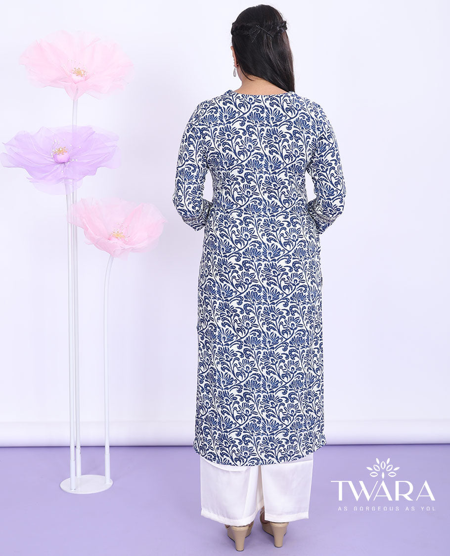 Twara blue batik-style floral printed V-neck with 3/4th sleeve cotton straight-cut below-knee kurti