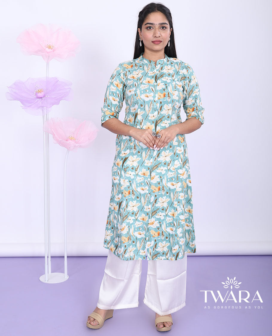 Twara blue floral printed Chinese collar with elbow sleeve cotton a-line below-knee kurti
