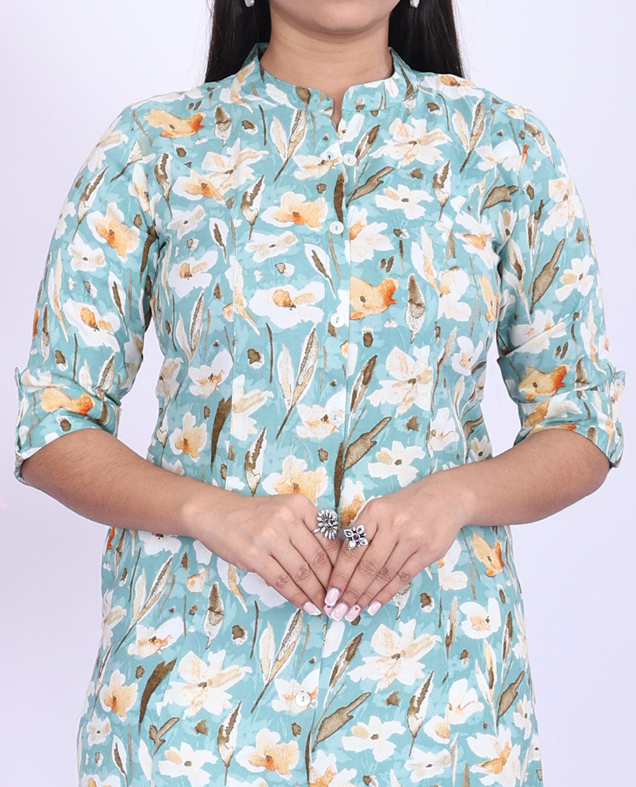 Twara blue floral printed Chinese collar with elbow sleeve cotton a-line below-knee kurti
