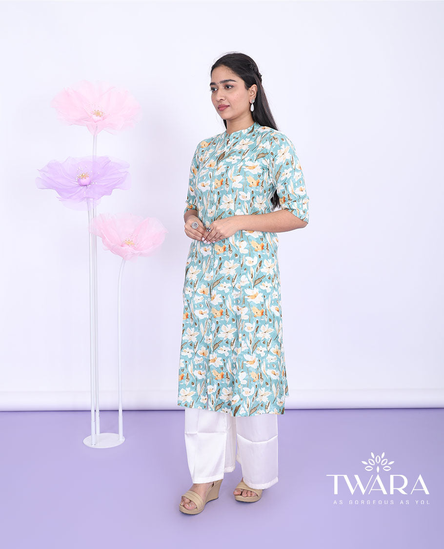 Twara blue floral printed Chinese collar with elbow sleeve cotton a-line below-knee kurti