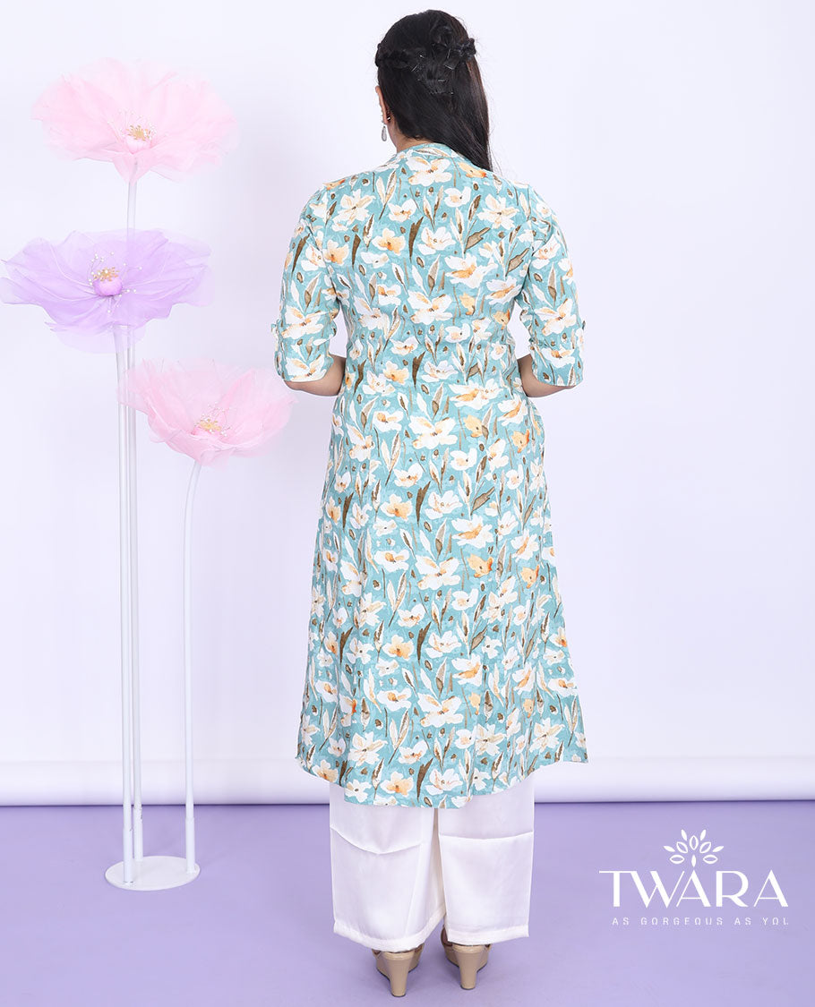 Twara blue floral printed Chinese collar with elbow sleeve cotton a-line below-knee kurti