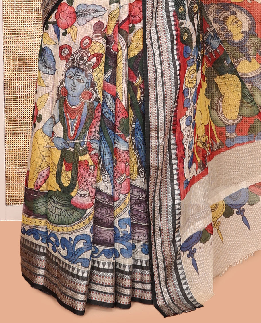 Light Sandal Kalamkari Silk Saree, Finely Crafted with Ancient Human Figurines, a Contrast Traditional Border, Pallu of Ancient Human Figurines, and a Contrast Blouse