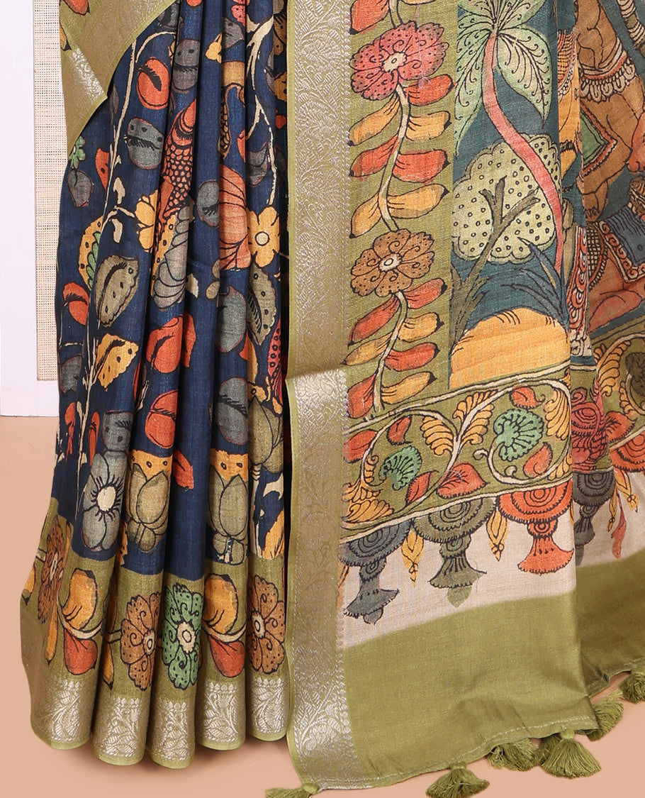 Navy Blue Kalamkari Printed Fancy Tussar Saree