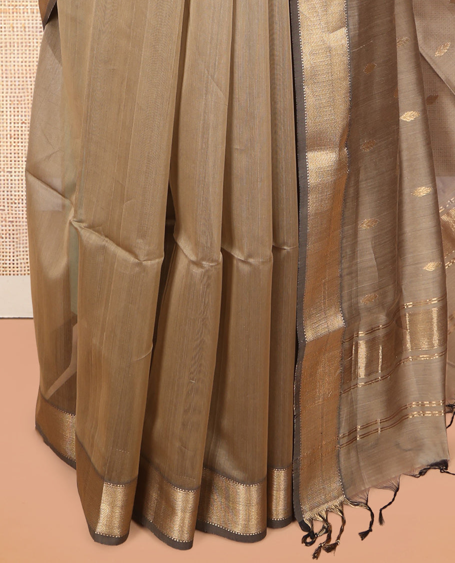 Brown Maheshwari Cotton Saree, Subtly Sparkled with Zari Buttas, a Contrast Chevron Striped Border, Zari Buttas Woven Pallu, and a Contrast Blouse