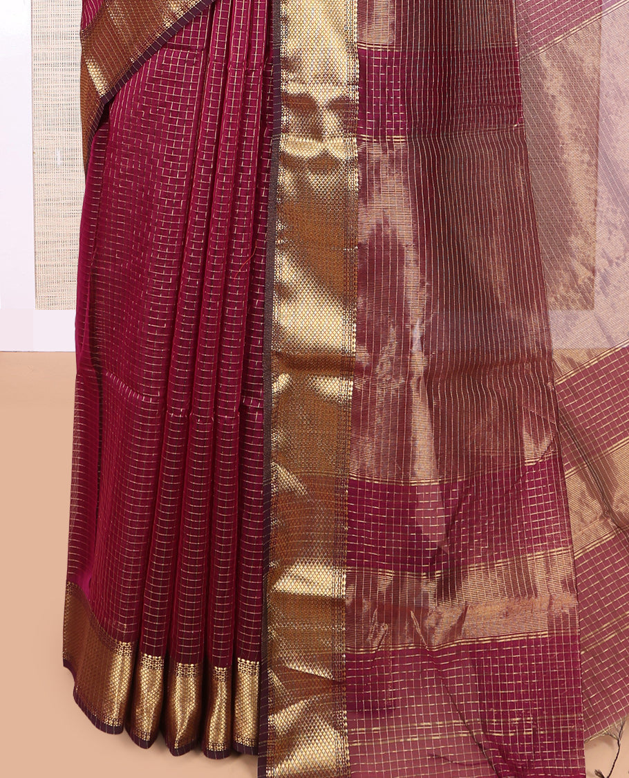 Wine Maheshwari Cotton Saree, Accentuated with Zari Checks, Highlighted by a Traditional Zari Border, Gleaming Zari Woven Pallu, and a Matching Blouse