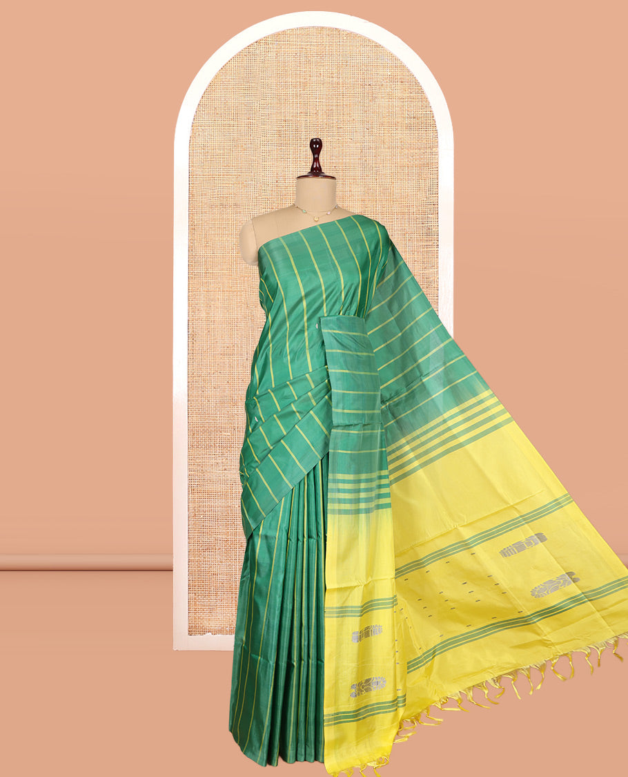 Borderless Green Striped Banana Pith Saree, Woven with Buttas, a Contrast Pallu of Stripes and Buttas, and a Contrast Blouse