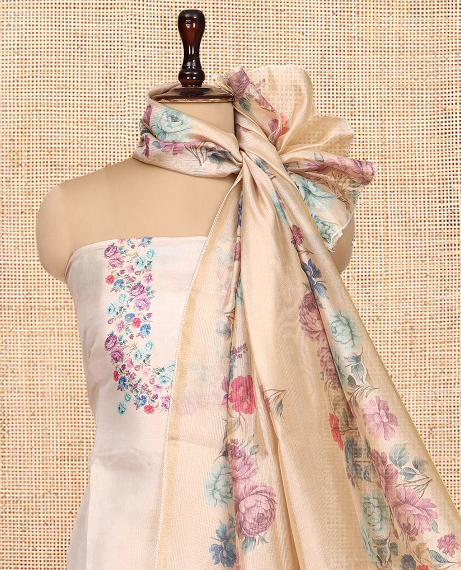 Gold-Chikku Tissue Material Churidar, Adorned with Rose Floral Printed Top, a Contrast Bottom, a Floral Printed Dupatta