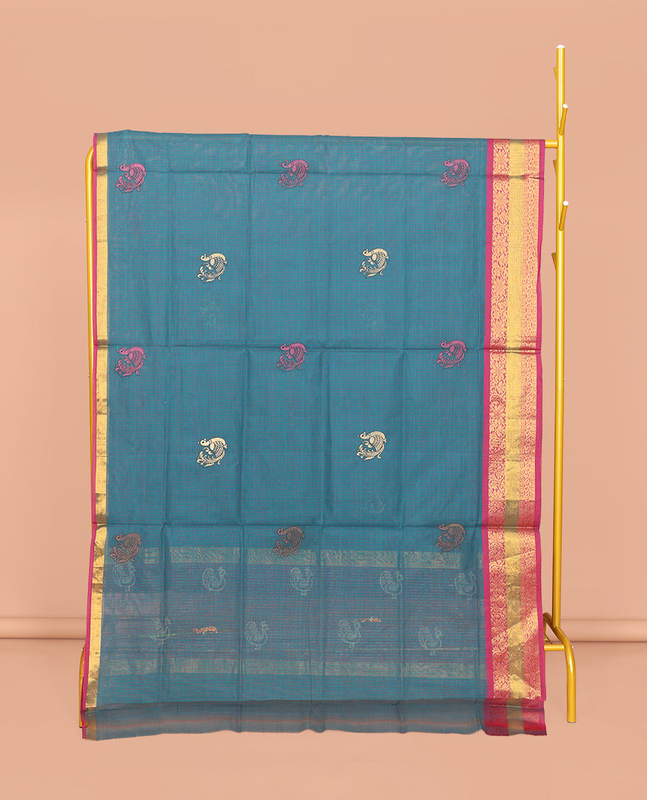 Blue Venkatagiri Cotton Saree, Detailed with Peacock Buttas and Checks, a Contrast Traditional Zari Border, Pallu of Peacock Buttas and Stripes, and No Blouse