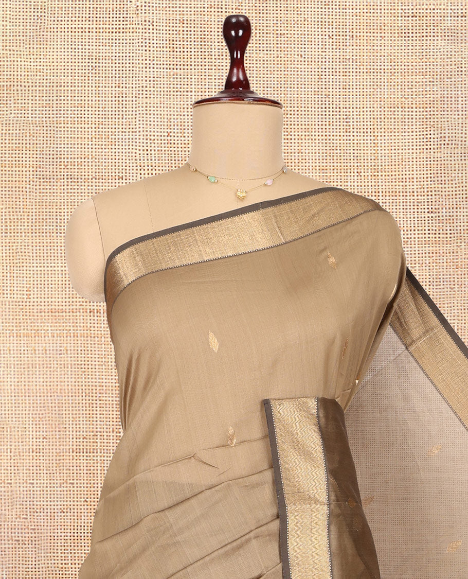 Brown Maheshwari Cotton Saree, Subtly Sparkled with Zari Buttas, a Contrast Chevron Striped Border, Zari Buttas Woven Pallu, and a Contrast Blouse