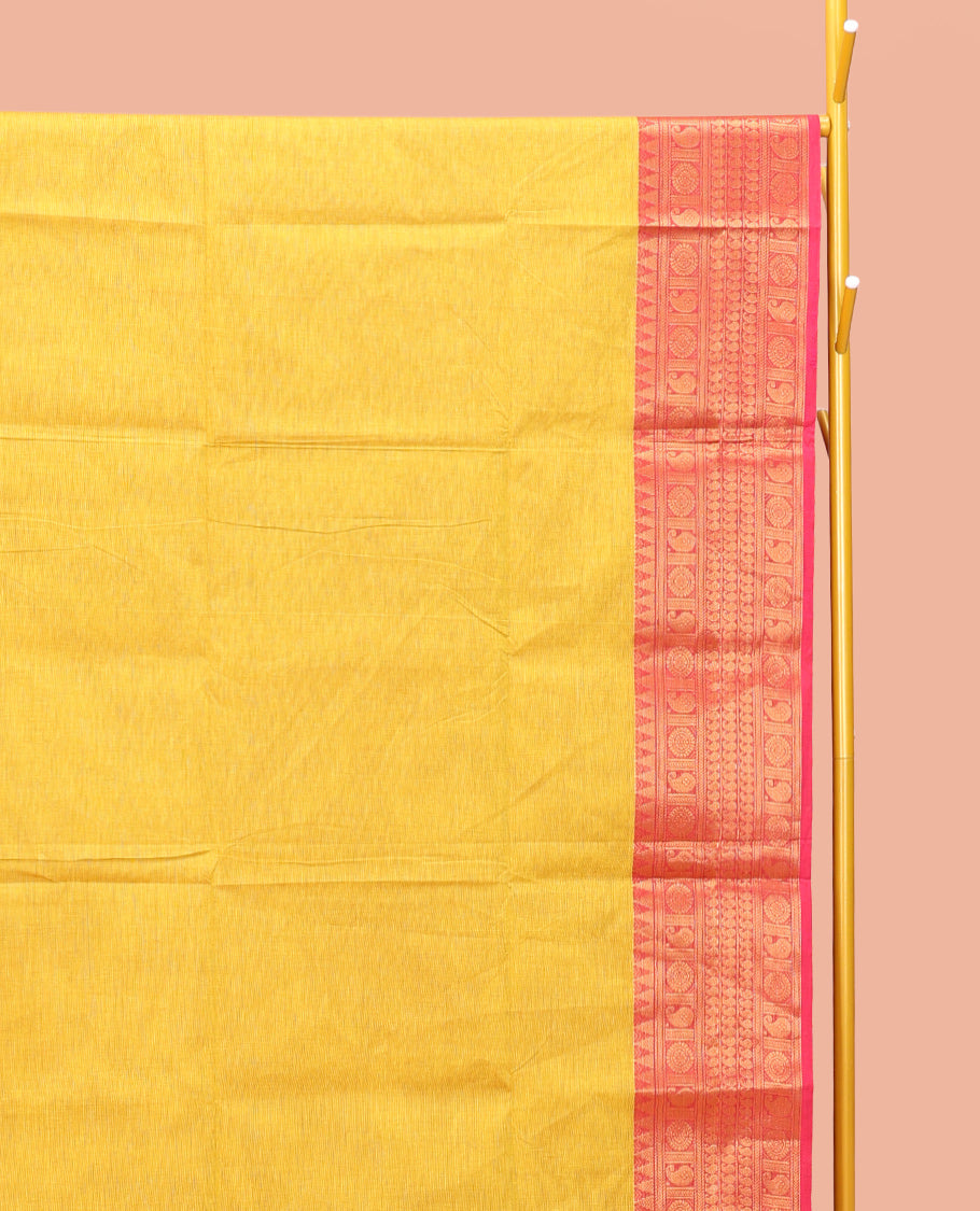 Yellow Plain Chettinad Cotton Saree, Captivating by a Contrast Traditional Zari Design Woven Temple Border, Pallu of Stripes, and Paired with a Matching Blouse
