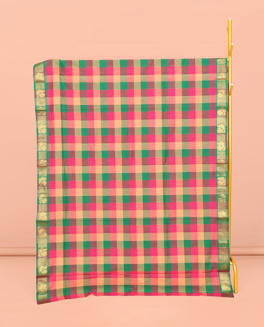 Multi-Color Chettinad Cotton Saree, Decked Up with Checks, Highlighted by Traditional Peacock Border, Striped Pallu, and No Blouse