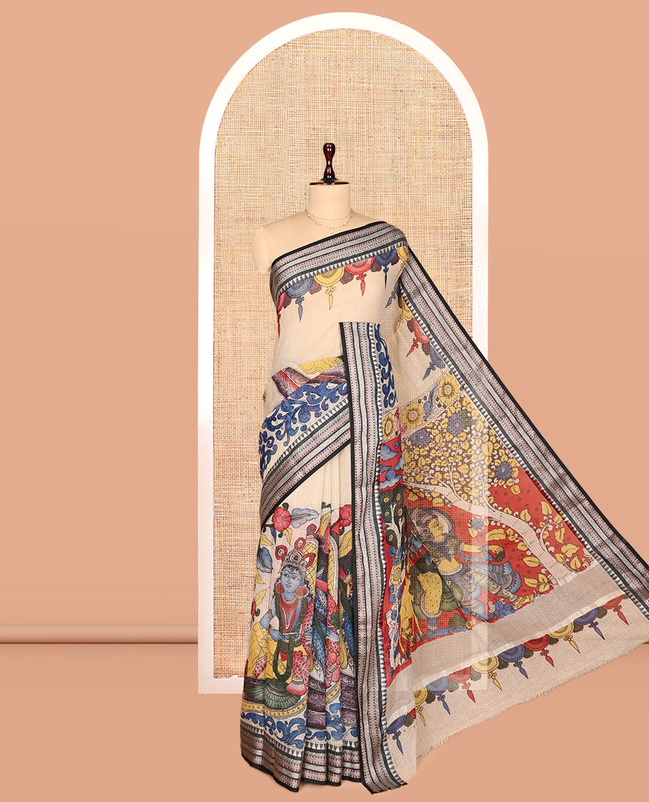 Light Sandal Kalamkari Silk Saree, Finely Crafted with Ancient Human Figurines, a Contrast Traditional Border, Pallu of Ancient Human Figurines, and a Contrast Blouse