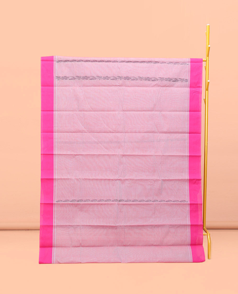 Pink Kanchi Cotton Saree, Adorned with Floral Creeper Design All Over Its Body, Complemented by Contrast Border, Pallu of Paisley Designs, and Paired with a Matching Blouse