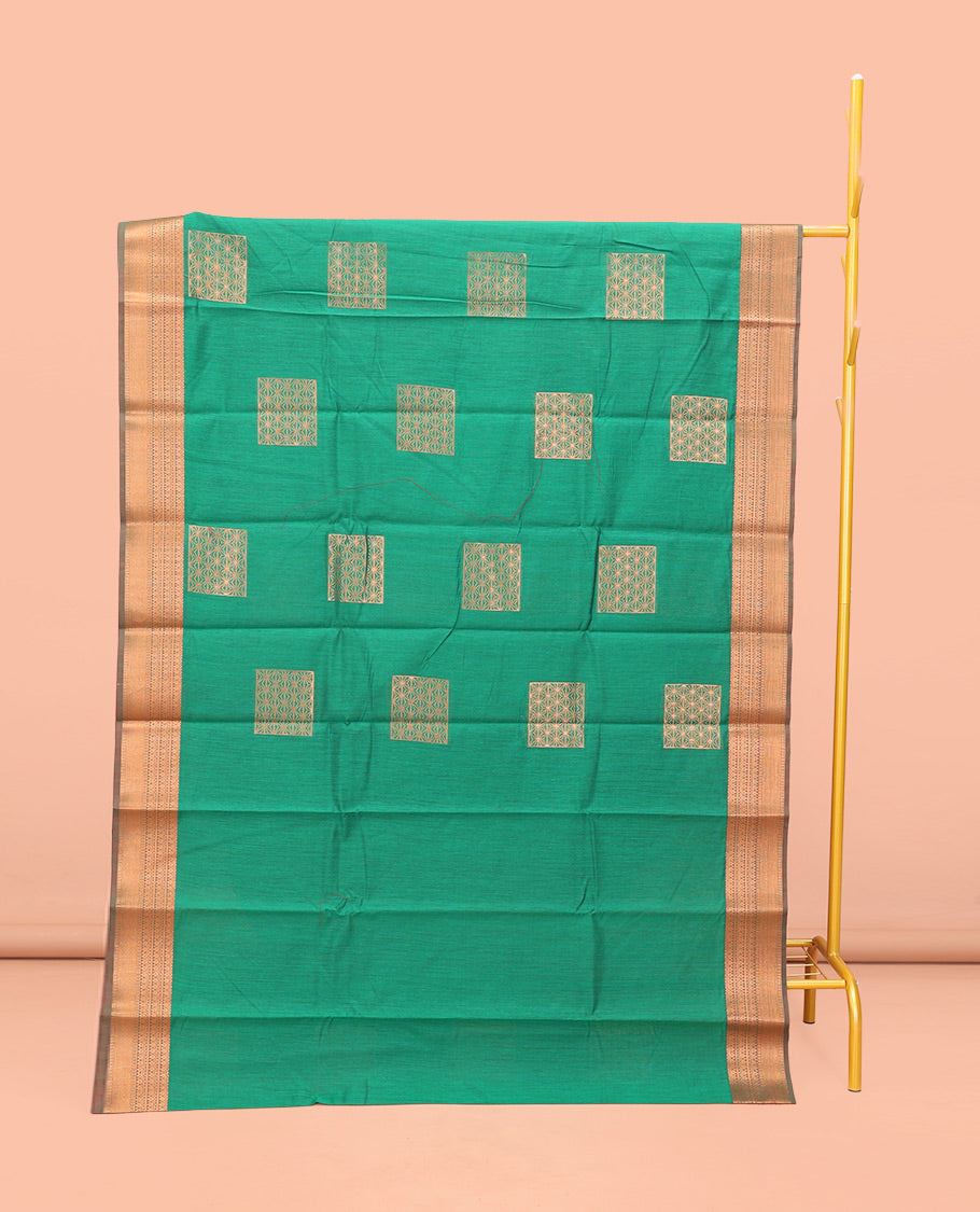 Green Semi-Silk Cotton Saree, Featuring Zari Buttas All Over Its Body, Complemented by a Contrast Traditional Zari Design Border, Pallu of Star Designs, and Paired with a Contrast Blouse
