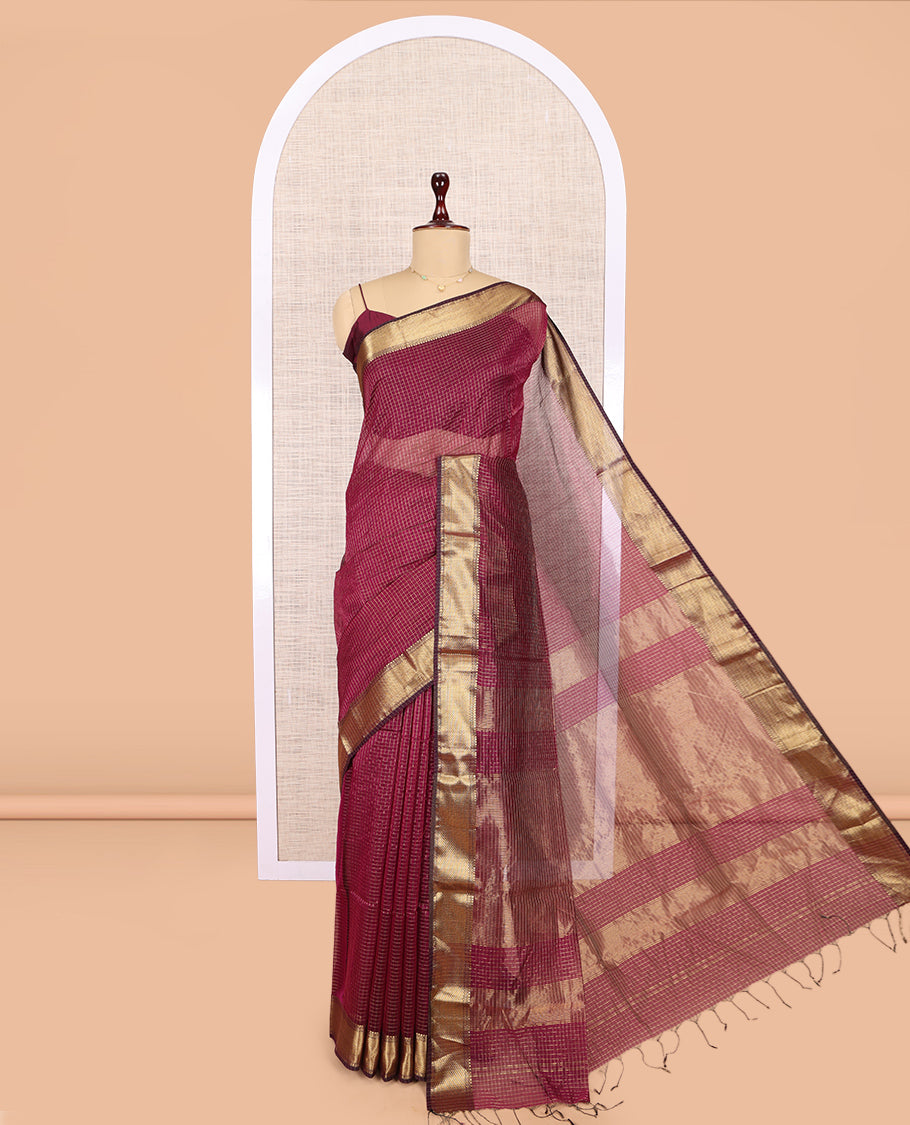 Wine Maheshwari Cotton Saree, Accentuated with Zari Checks, Highlighted by a Traditional Zari Border, Gleaming Zari Woven Pallu, and a Matching Blouse