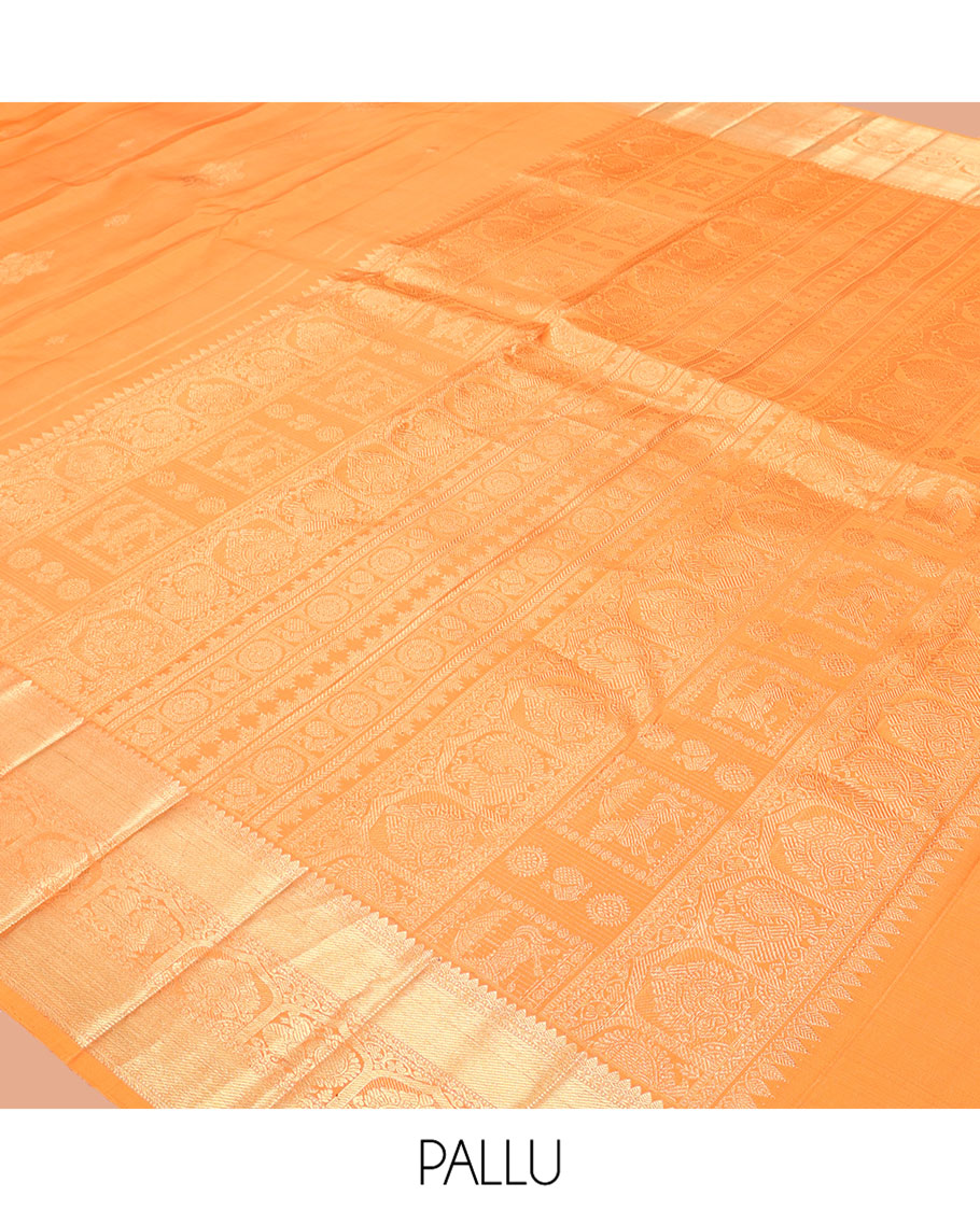 Orange Kanchipuram Silk Saree, Sparsely Woven with Zari Buttas, Highlighted by Zari Border of Thilakam Mokku, and Mayil Designs, Grand Pallu, and Matching Blouse