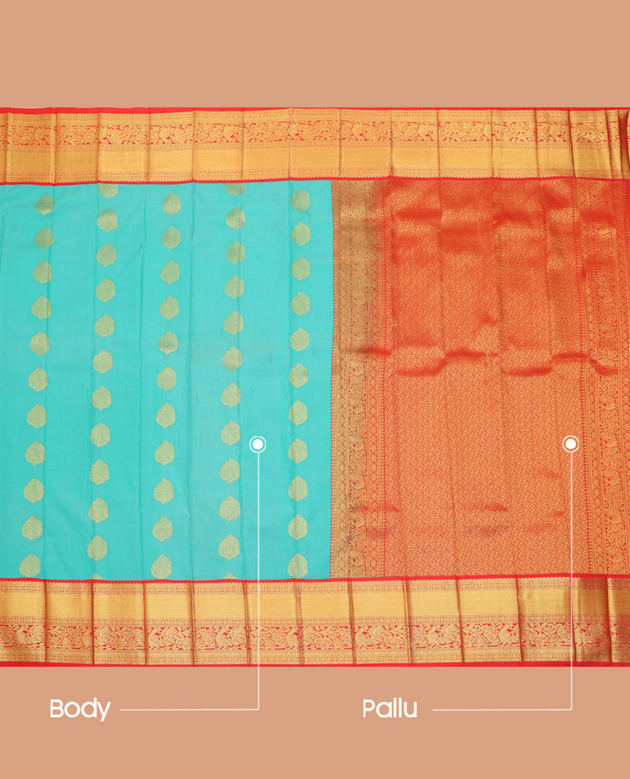 Blue Budget Silk Saree, Accentuated with Zari Buttas All Over Its Body, Complemented by a Contrast Traditional Zari Design Border, Grand Pallu, and Paired with a Contrast Blouse
