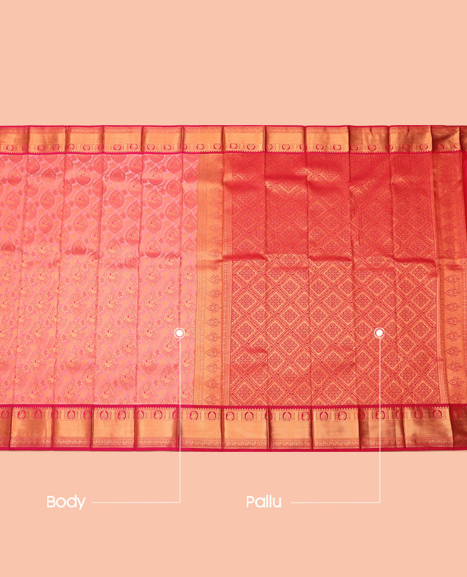 Pink Budget Silk Saree, Dazzled with Jacquard, Complemented by Contrast Traditional Zari Border, Grand Jaal Pallu, and a Contrast Blouse