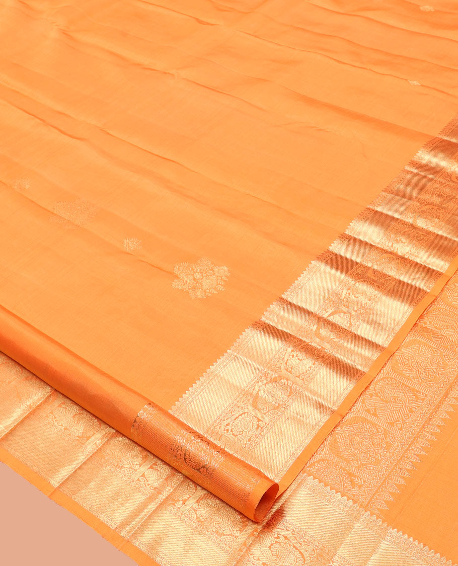 Orange Kanchipuram Silk Saree, Sparsely Woven with Zari Buttas, Highlighted by Zari Border of Thilakam Mokku, and Mayil Designs, Grand Pallu, and Matching Blouse