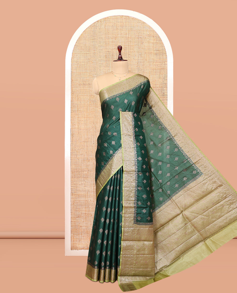 Green Tussar Silk Saree, Elevated with Zari Buttas, a Contrast Zari Border, Grand Pallu, and a Contrast Blouse