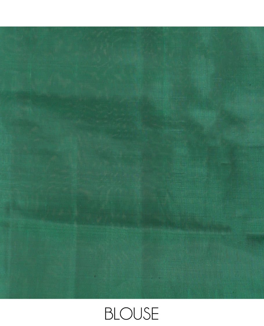 Green Mayuri Lite Silk Mix Saree, Accentuated with Floral Zari Buttas and Muthu Stripes, a Piping Border, a Grand Parrot Motif Pallu, and a Matching Blouse