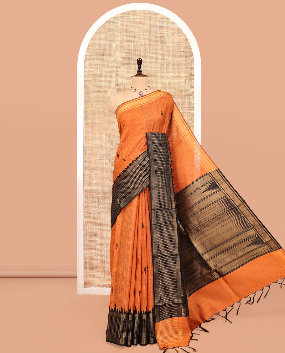 Orange Dupion Silk Saree, Adorned with Buttas, Complemented by Contrast Temple-Checked Border, Temple Pallu, and a Contrast Blouse