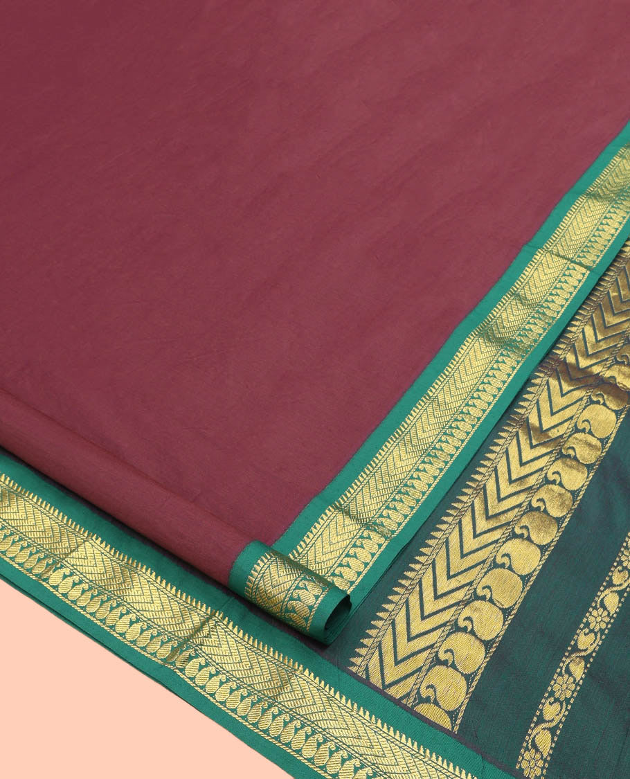 Maroon Plain Nine Yard Cotton Saree, Complemented by Contrast Traditional Zari Design Border, Pallu of Traditional Designs, and Comes Without a Blouse