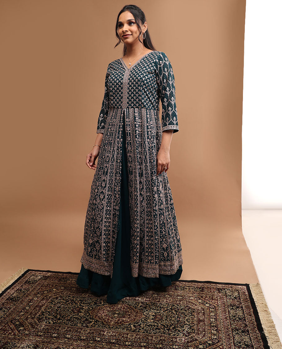 blue floral embroidered v neck, 3/4 th sleeve, floor length top with sharara pants & floral zari design dupatta