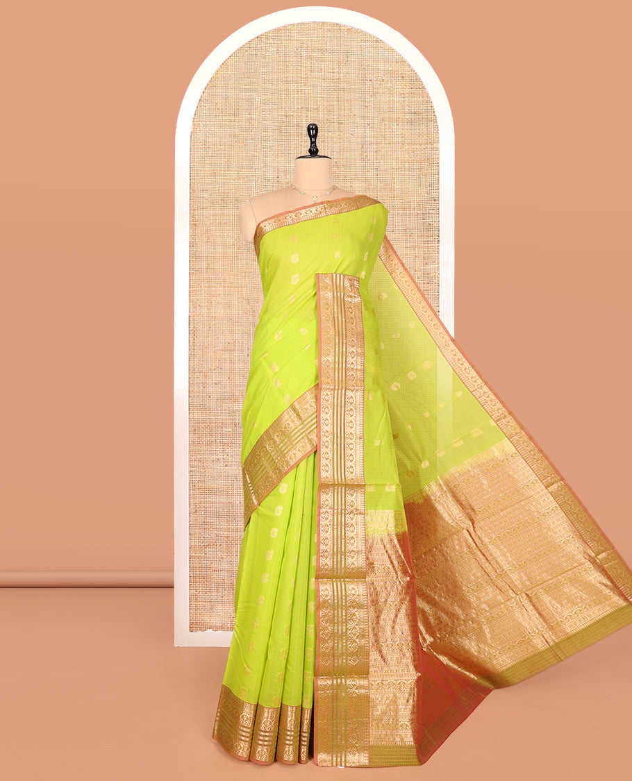 Green Silk Cotton Saree, Delicately Woven with Buttas, a Contrast Traditional Zari Design Border, Pallu of Intricate Designs, and Contrast Blouse