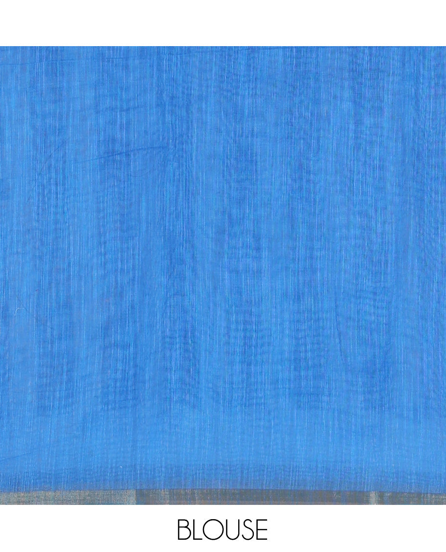Borderless Blue Linen Cotton Saree, Elevated with Geometric-Abstract Print and a Contrast Blouse
