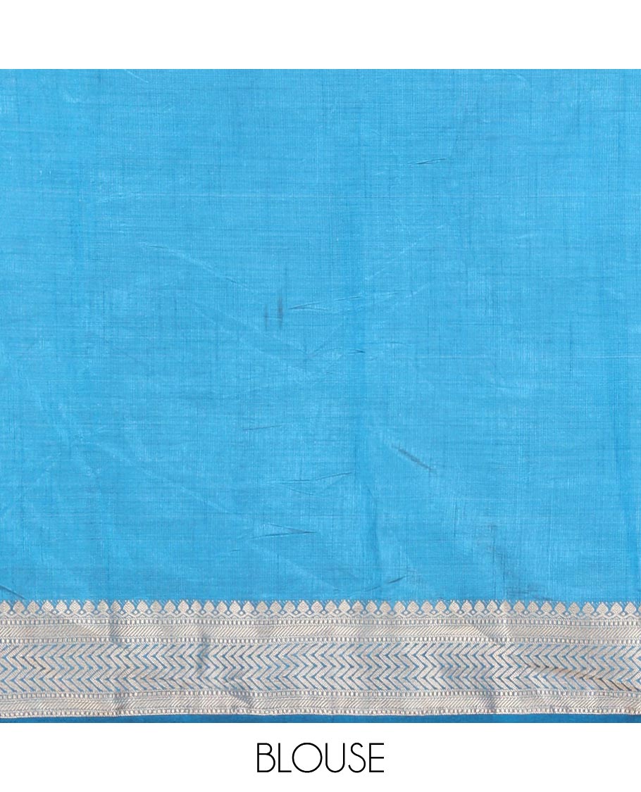 Blue Semi-Tussar Saree Meticulously Crafted with Floral-Enclosed Diamond Patterns Printed Across the Body, Featuring a Subtly Woven Border with Traditional Zari Designs, and a Pallu Elevated with Zari Stripes, Paired with a Matching Blouse