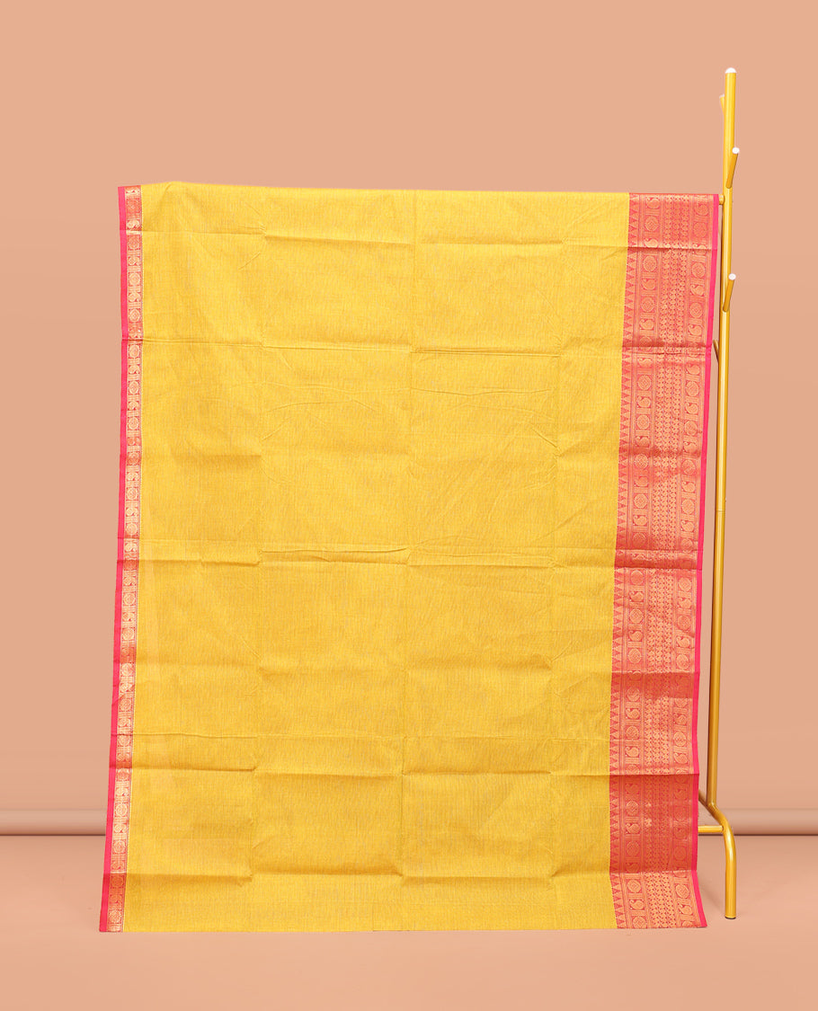 Yellow Plain Chettinad Cotton Saree, Captivating by a Contrast Traditional Zari Design Woven Temple Border, Pallu of Stripes, and Paired with a Matching Blouse