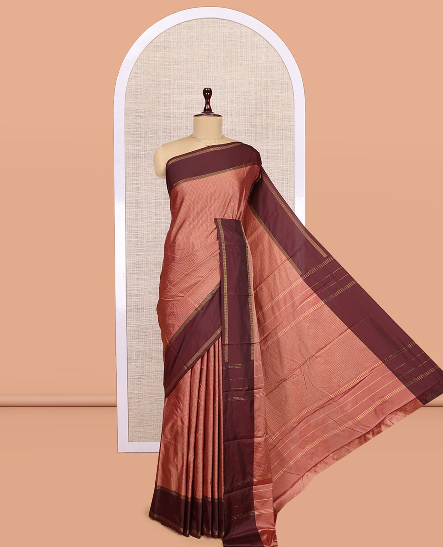Peach Checked Arani Saree, a Contrast Bodi Border, a Self-Pallu, and a Matching Blouse
